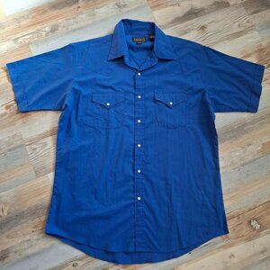 Share High Noon Western Cowboy Shirt Blue Short Sleeve Pearl Snap Poly Cotton